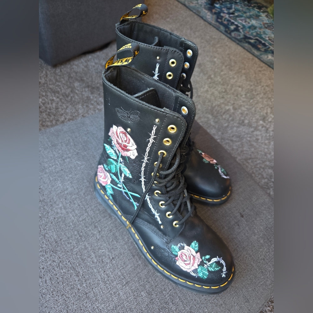Dr. Martens Black Boots with Floral Embroidery